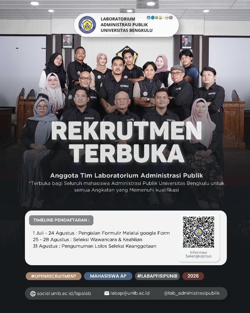 Bergabunglah sebagai Anggota Tim Laboratorium Administrasi Publik FISIP UNIB Periode 2026 Bergabunglah sebagai Anggota Tim Laboratorium Administrasi Publik FISIP UNIB Periode 2026
